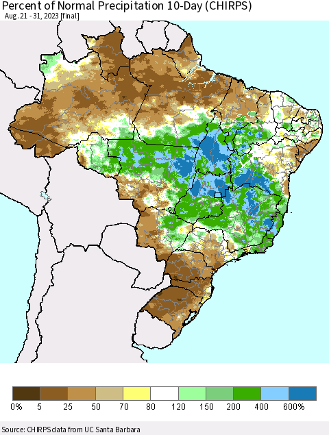 Brazil Percent of Normal Precipitation 10-Day (CHIRPS) Thematic Map For 8/21/2023 - 8/31/2023