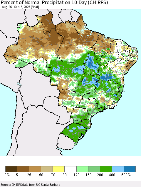 Brazil Percent of Normal Precipitation 10-Day (CHIRPS) Thematic Map For 8/26/2023 - 9/5/2023