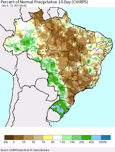 Brazil Percent of Normal Precipitation 10-Day (CHIRPS) Thematic Map For 9/6/2023 - 9/15/2023