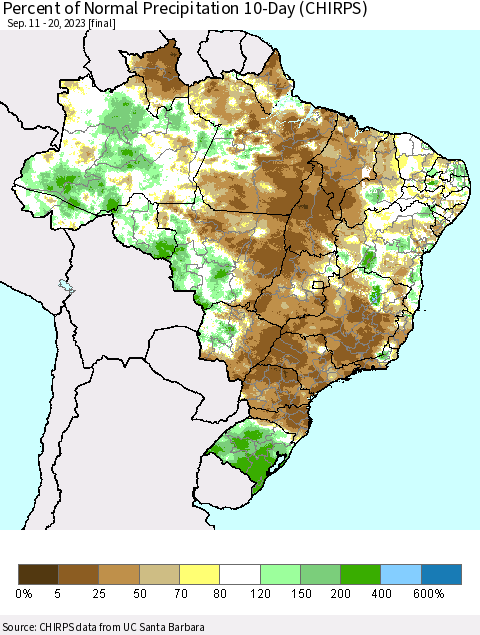 Brazil Percent of Normal Precipitation 10-Day (CHIRPS) Thematic Map For 9/11/2023 - 9/20/2023
