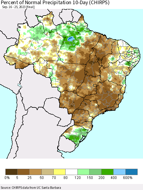 Brazil Percent of Normal Precipitation 10-Day (CHIRPS) Thematic Map For 9/16/2023 - 9/25/2023