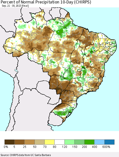 Brazil Percent of Normal Precipitation 10-Day (CHIRPS) Thematic Map For 9/21/2023 - 9/30/2023