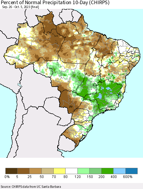 Brazil Percent of Normal Precipitation 10-Day (CHIRPS) Thematic Map For 9/26/2023 - 10/5/2023