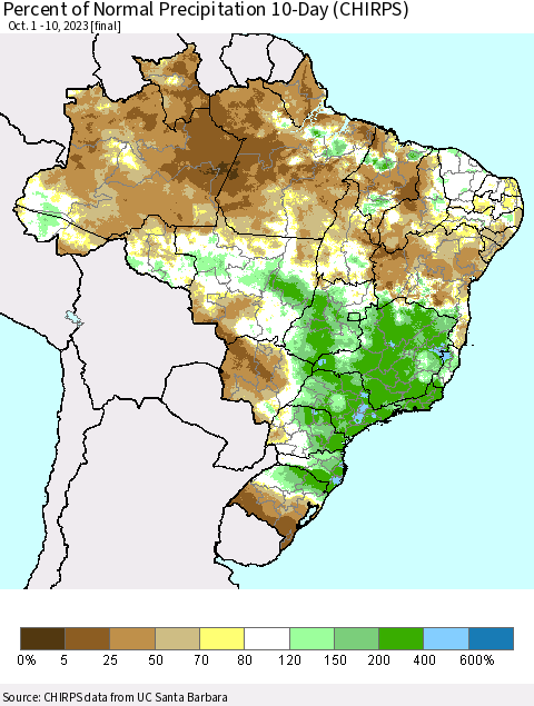 Brazil Percent of Normal Precipitation 10-Day (CHIRPS) Thematic Map For 10/1/2023 - 10/10/2023