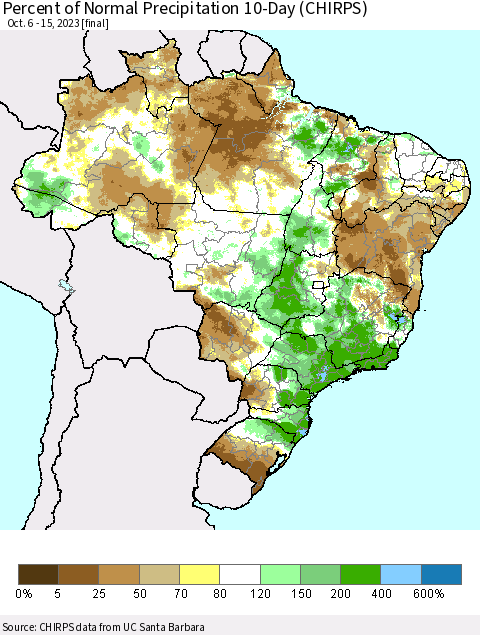 Brazil Percent of Normal Precipitation 10-Day (CHIRPS) Thematic Map For 10/6/2023 - 10/15/2023