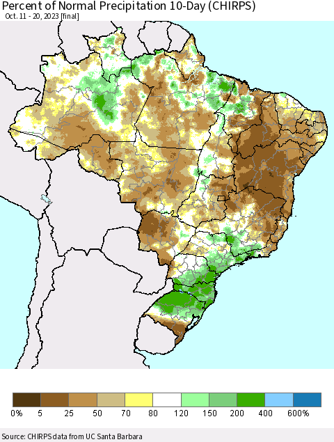 Brazil Percent of Normal Precipitation 10-Day (CHIRPS) Thematic Map For 10/11/2023 - 10/20/2023