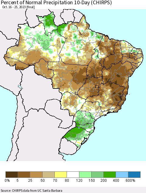 Brazil Percent of Normal Precipitation 10-Day (CHIRPS) Thematic Map For 10/16/2023 - 10/25/2023