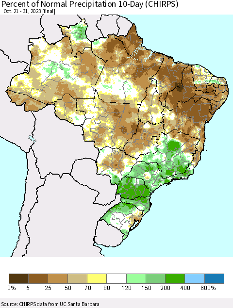 Brazil Percent of Normal Precipitation 10-Day (CHIRPS) Thematic Map For 10/21/2023 - 10/31/2023