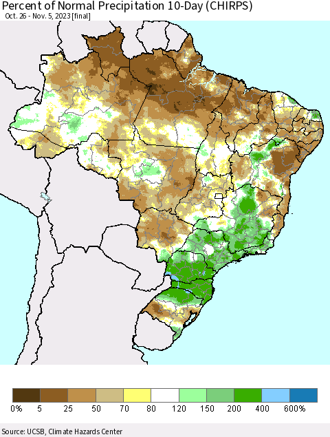 Brazil Percent of Normal Precipitation 10-Day (CHIRPS) Thematic Map For 10/26/2023 - 11/5/2023