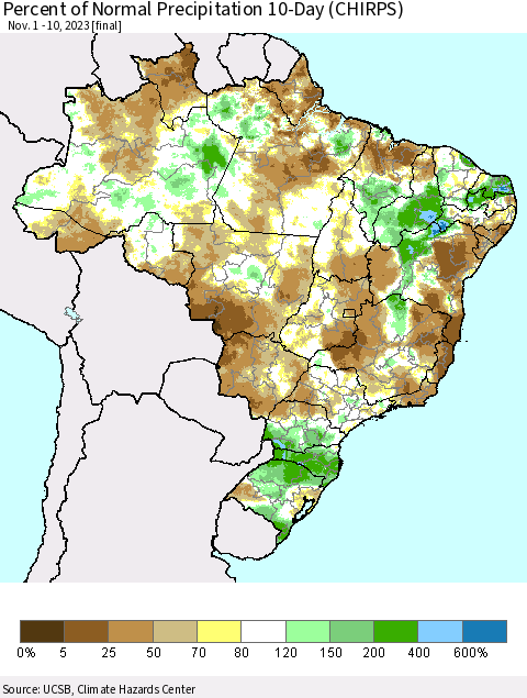 Brazil Percent of Normal Precipitation 10-Day (CHIRPS) Thematic Map For 11/1/2023 - 11/10/2023