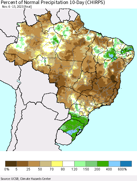 Brazil Percent of Normal Precipitation 10-Day (CHIRPS) Thematic Map For 11/6/2023 - 11/15/2023