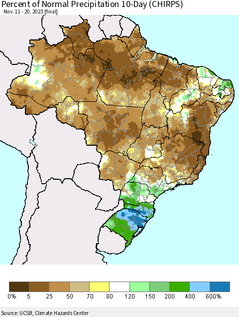 Brazil Percent of Normal Precipitation 10-Day (CHIRPS) Thematic Map For 11/11/2023 - 11/20/2023