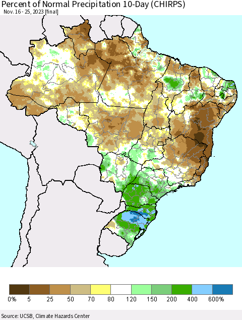 Brazil Percent of Normal Precipitation 10-Day (CHIRPS) Thematic Map For 11/16/2023 - 11/25/2023