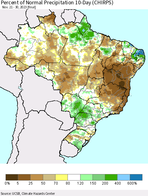 Brazil Percent of Normal Precipitation 10-Day (CHIRPS) Thematic Map For 11/21/2023 - 11/30/2023