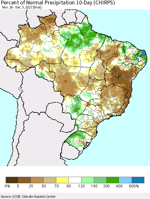 Brazil Percent of Normal Precipitation 10-Day (CHIRPS) Thematic Map For 11/26/2023 - 12/5/2023