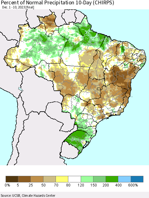 Brazil Percent of Normal Precipitation 10-Day (CHIRPS) Thematic Map For 12/1/2023 - 12/10/2023