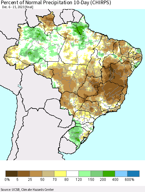 Brazil Percent of Normal Precipitation 10-Day (CHIRPS) Thematic Map For 12/6/2023 - 12/15/2023