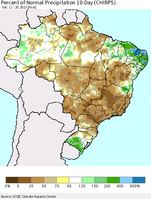 Brazil Percent of Normal Precipitation 10-Day (CHIRPS) Thematic Map For 12/11/2023 - 12/20/2023