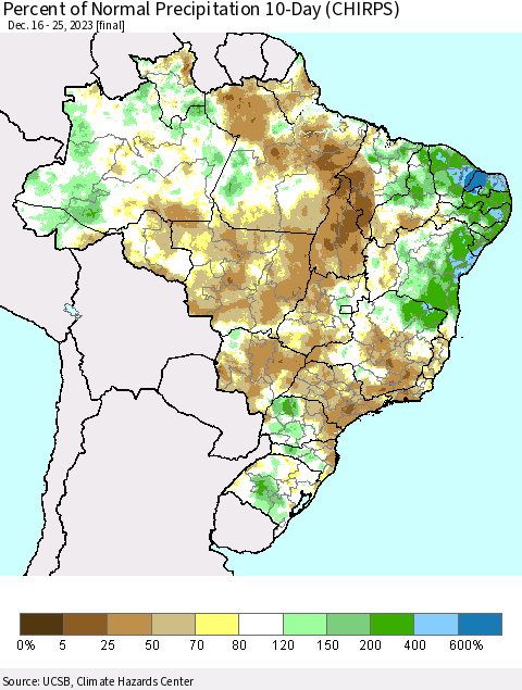Brazil Percent of Normal Precipitation 10-Day (CHIRPS) Thematic Map For 12/16/2023 - 12/25/2023
