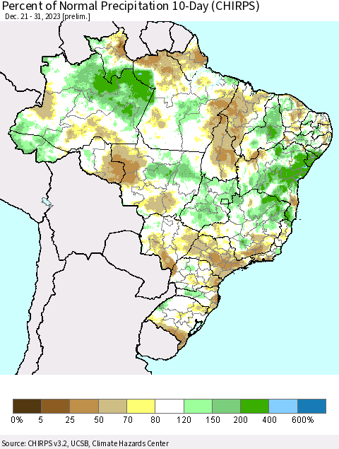 Brazil Percent of Normal Precipitation 10-Day (CHIRPS) Thematic Map For 12/21/2023 - 12/31/2023