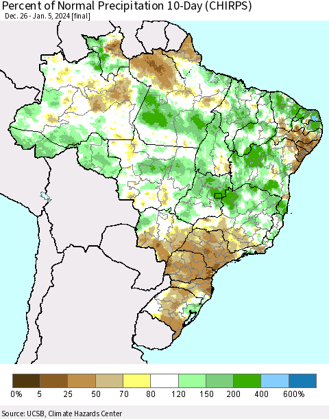 Brazil Percent of Normal Precipitation 10-Day (CHIRPS) Thematic Map For 12/26/2023 - 1/5/2024