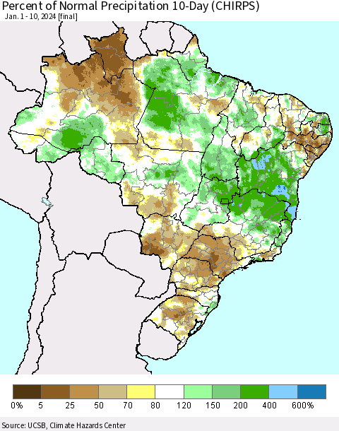 Brazil Percent of Normal Precipitation 10-Day (CHIRPS) Thematic Map For 1/1/2024 - 1/10/2024
