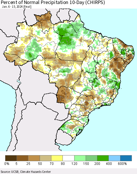 Brazil Percent of Normal Precipitation 10-Day (CHIRPS) Thematic Map For 1/6/2024 - 1/15/2024