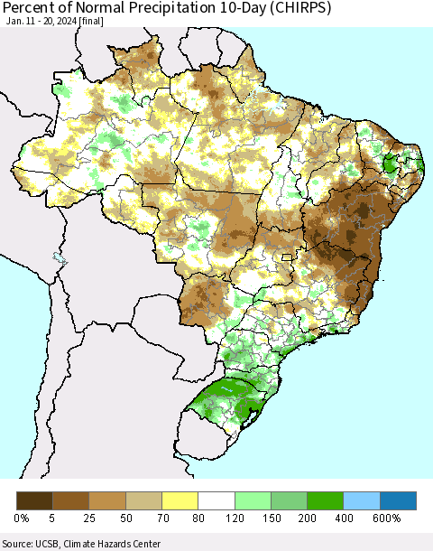 Brazil Percent of Normal Precipitation 10-Day (CHIRPS) Thematic Map For 1/11/2024 - 1/20/2024