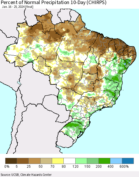 Brazil Percent of Normal Precipitation 10-Day (CHIRPS) Thematic Map For 1/16/2024 - 1/25/2024