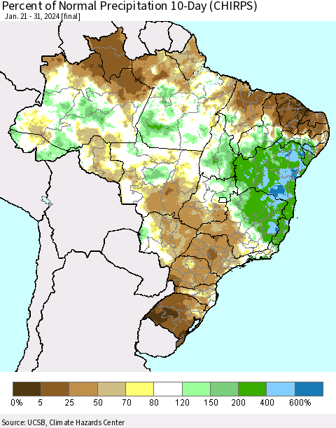 Brazil Percent of Normal Precipitation 10-Day (CHIRPS) Thematic Map For 1/21/2024 - 1/31/2024