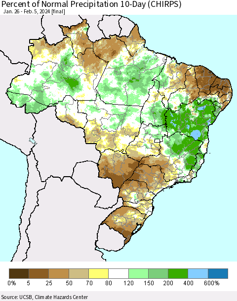 Brazil Percent of Normal Precipitation 10-Day (CHIRPS) Thematic Map For 1/26/2024 - 2/5/2024
