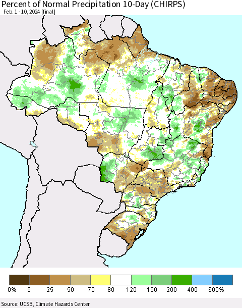 Brazil Percent of Normal Precipitation 10-Day (CHIRPS) Thematic Map For 2/1/2024 - 2/10/2024