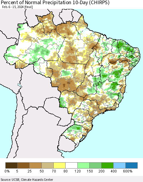 Brazil Percent of Normal Precipitation 10-Day (CHIRPS) Thematic Map For 2/6/2024 - 2/15/2024