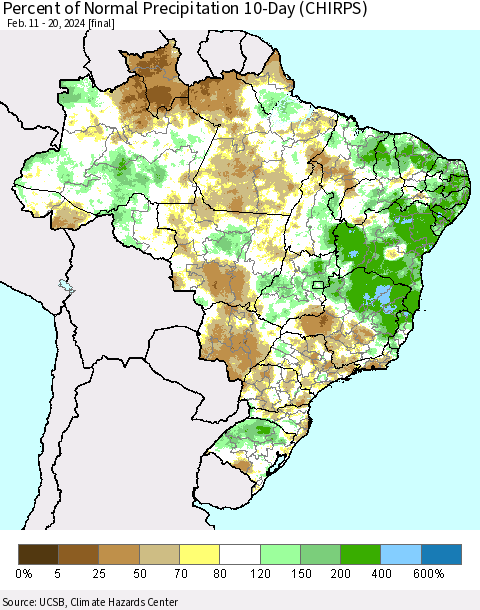 Brazil Percent of Normal Precipitation 10-Day (CHIRPS) Thematic Map For 2/11/2024 - 2/20/2024