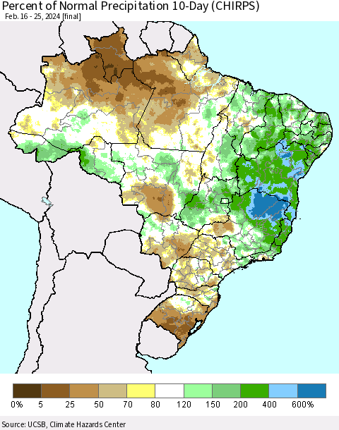 Brazil Percent of Normal Precipitation 10-Day (CHIRPS) Thematic Map For 2/16/2024 - 2/25/2024