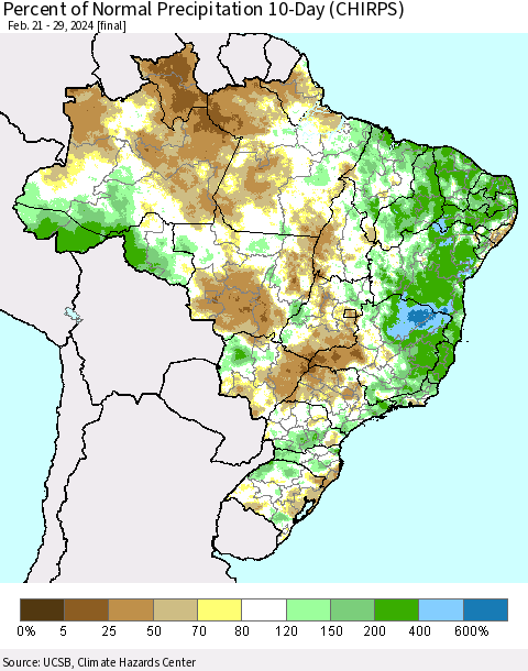 Brazil Percent of Normal Precipitation 10-Day (CHIRPS) Thematic Map For 2/21/2024 - 2/29/2024
