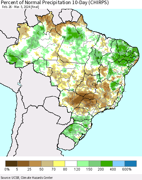 Brazil Percent of Normal Precipitation 10-Day (CHIRPS) Thematic Map For 2/26/2024 - 3/5/2024