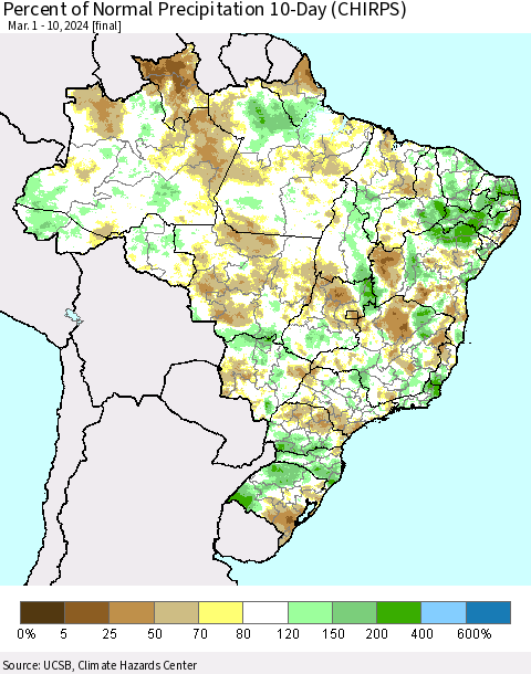 Brazil Percent of Normal Precipitation 10-Day (CHIRPS) Thematic Map For 3/1/2024 - 3/10/2024