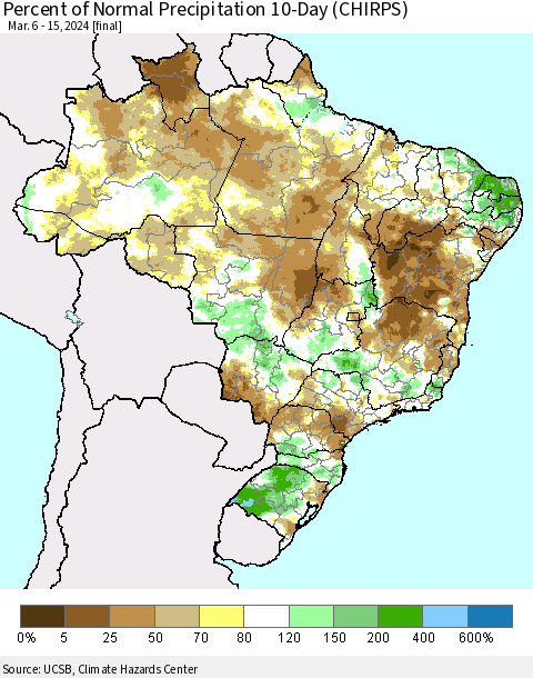 Brazil Percent of Normal Precipitation 10-Day (CHIRPS) Thematic Map For 3/6/2024 - 3/15/2024