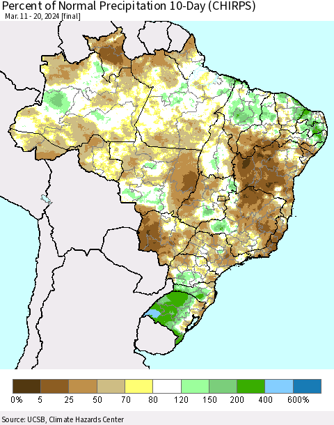 Brazil Percent of Normal Precipitation 10-Day (CHIRPS) Thematic Map For 3/11/2024 - 3/20/2024