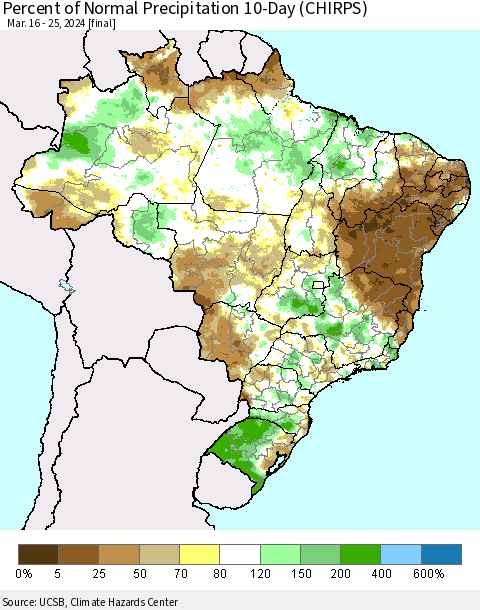 Brazil Percent of Normal Precipitation 10-Day (CHIRPS) Thematic Map For 3/16/2024 - 3/25/2024