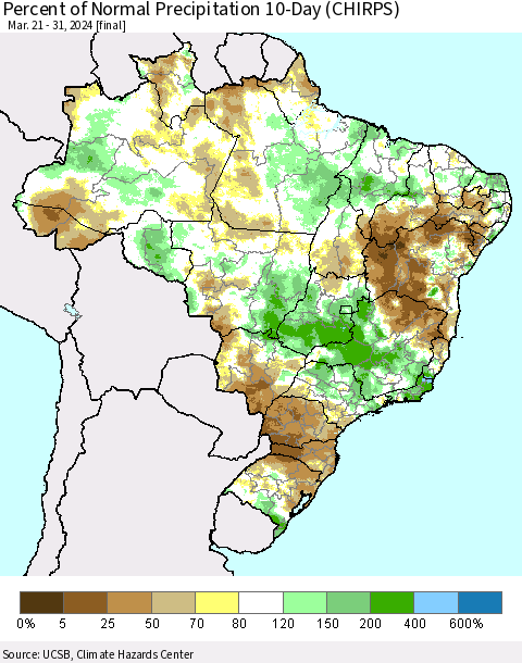 Brazil Percent of Normal Precipitation 10-Day (CHIRPS) Thematic Map For 3/21/2024 - 3/31/2024
