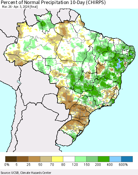 Brazil Percent of Normal Precipitation 10-Day (CHIRPS) Thematic Map For 3/26/2024 - 4/5/2024