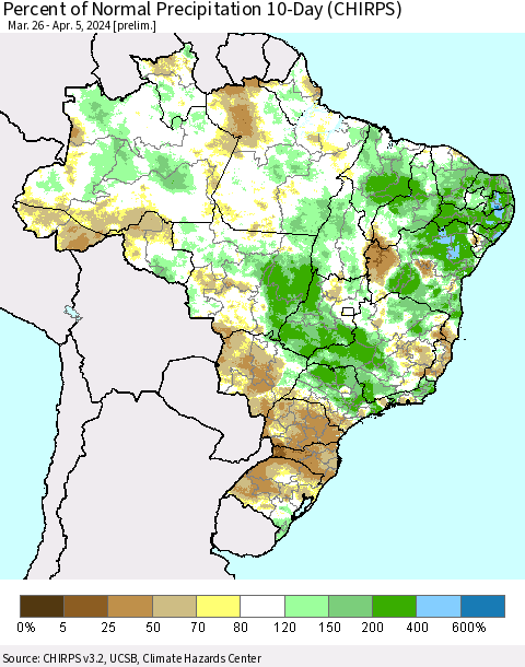 Brazil Percent of Normal Precipitation 10-Day (CHIRPS) Thematic Map For 3/26/2024 - 4/5/2024