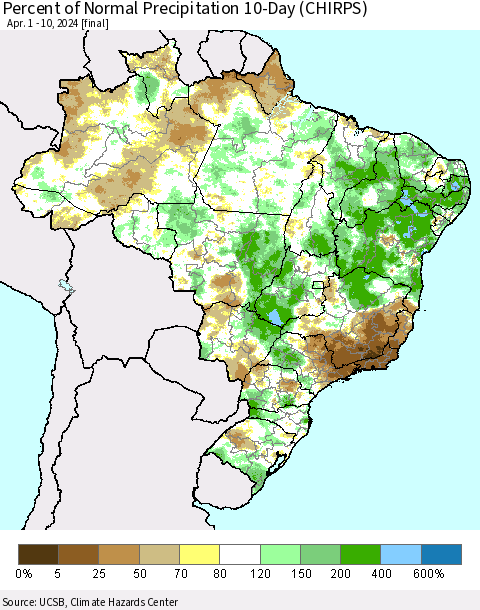 Brazil Percent of Normal Precipitation 10-Day (CHIRPS) Thematic Map For 4/1/2024 - 4/10/2024