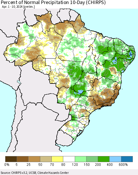 Brazil Percent of Normal Precipitation 10-Day (CHIRPS) Thematic Map For 4/1/2024 - 4/10/2024