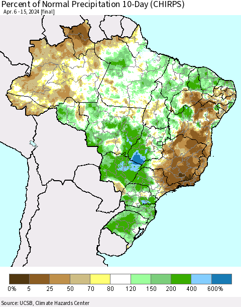 Brazil Percent of Normal Precipitation 10-Day (CHIRPS) Thematic Map For 4/6/2024 - 4/15/2024