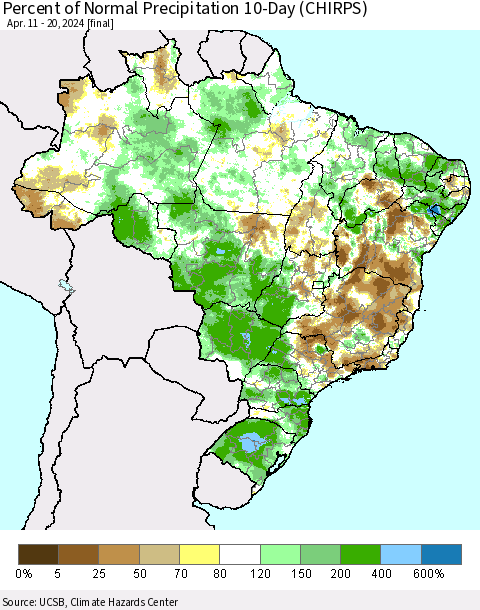 Brazil Percent of Normal Precipitation 10-Day (CHIRPS) Thematic Map For 4/11/2024 - 4/20/2024