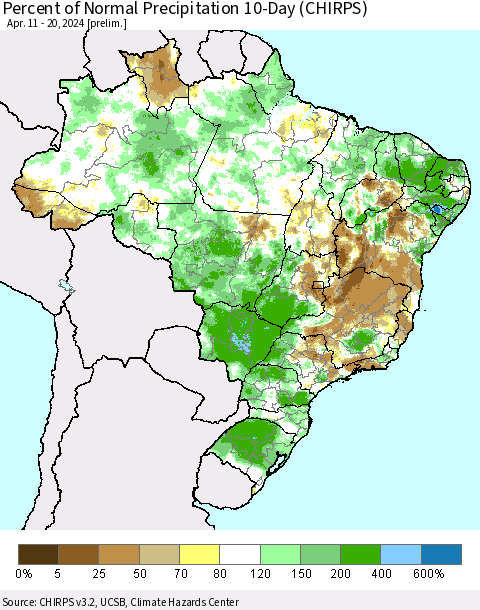 Brazil Percent of Normal Precipitation 10-Day (CHIRPS) Thematic Map For 4/11/2024 - 4/20/2024