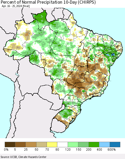 Brazil Percent of Normal Precipitation 10-Day (CHIRPS) Thematic Map For 4/16/2024 - 4/25/2024